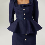 Lucia Frill Neck Denim Top | Džinsinė Mėlyna