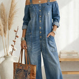 Ruth | Mono Mėlynas Off Shoulder Platus Kelnes