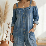 Ruth | Mono Mėlynas Off Shoulder Platus Kelnes