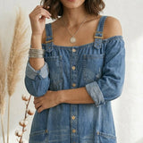 Ruth | Mono Mėlynas Off Shoulder Platus Kelnes