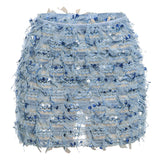 MARIA™ – Stilinga Fringe Detalė Aukštu Juosmeniu Mini Sijonas